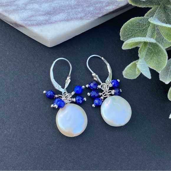 Pearl Lapis Lazuli Earrings Hoops Lever back Sterling Silver - Picture 2 of 7